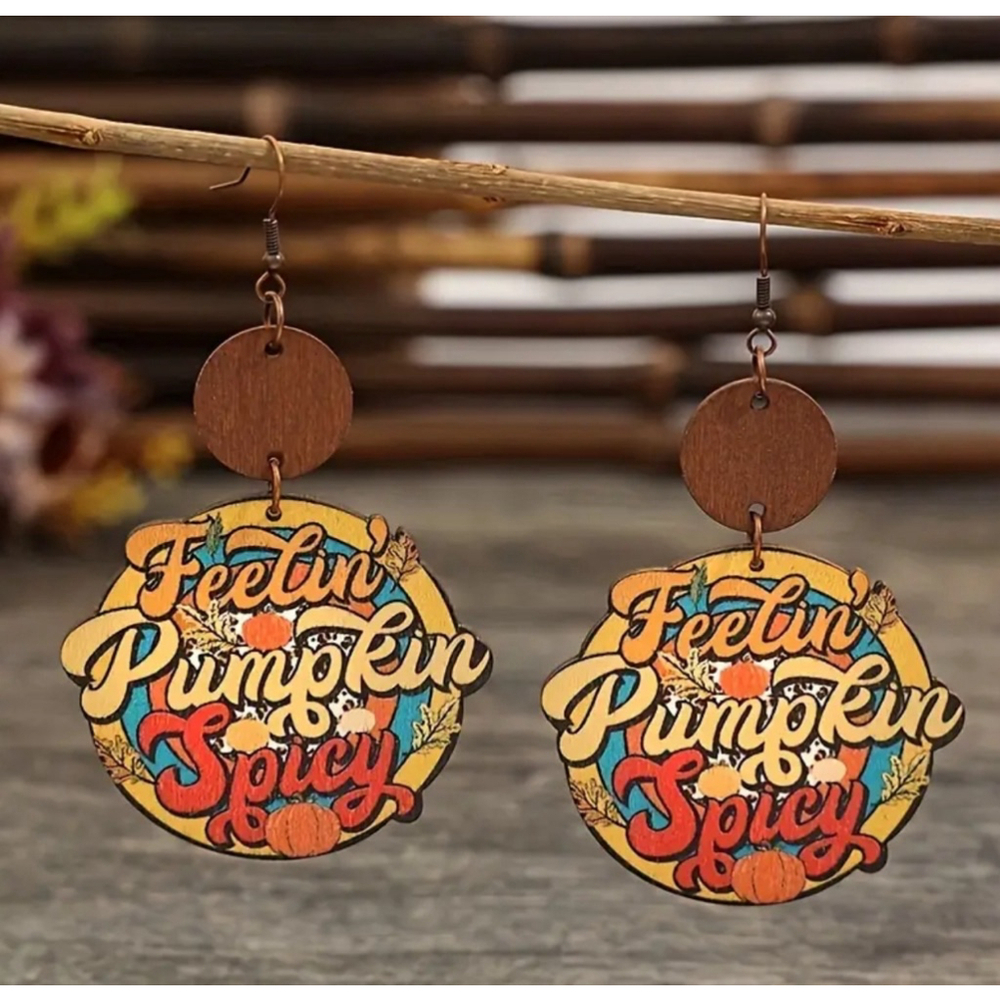 Rustic Feelin Pumpkin Spicy Wooden Dangle Earrings